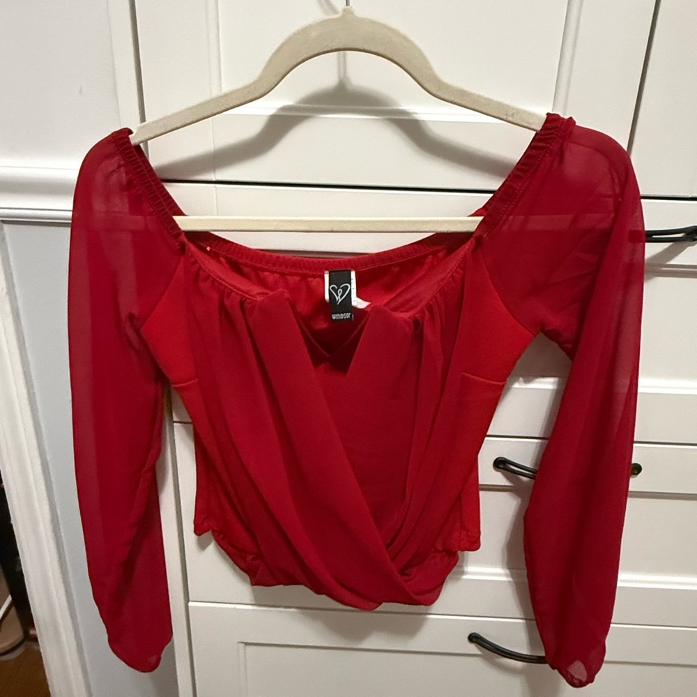Windsor Red Asymmetrical Fitted Long Sleeve Blouse